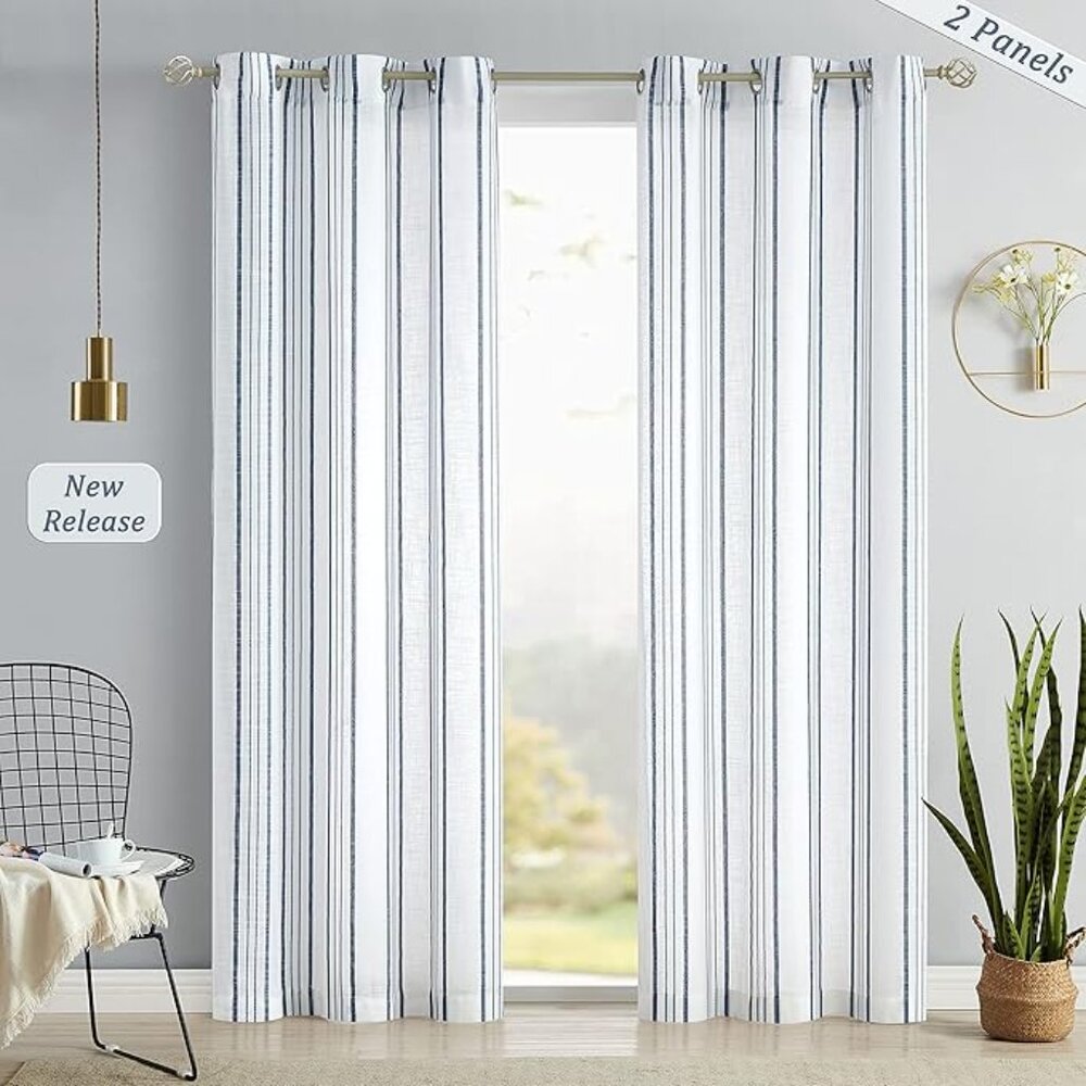 SXZJTEX Blue & White Striped Cafe Curtains | 84" Long | Set of 2 Panels